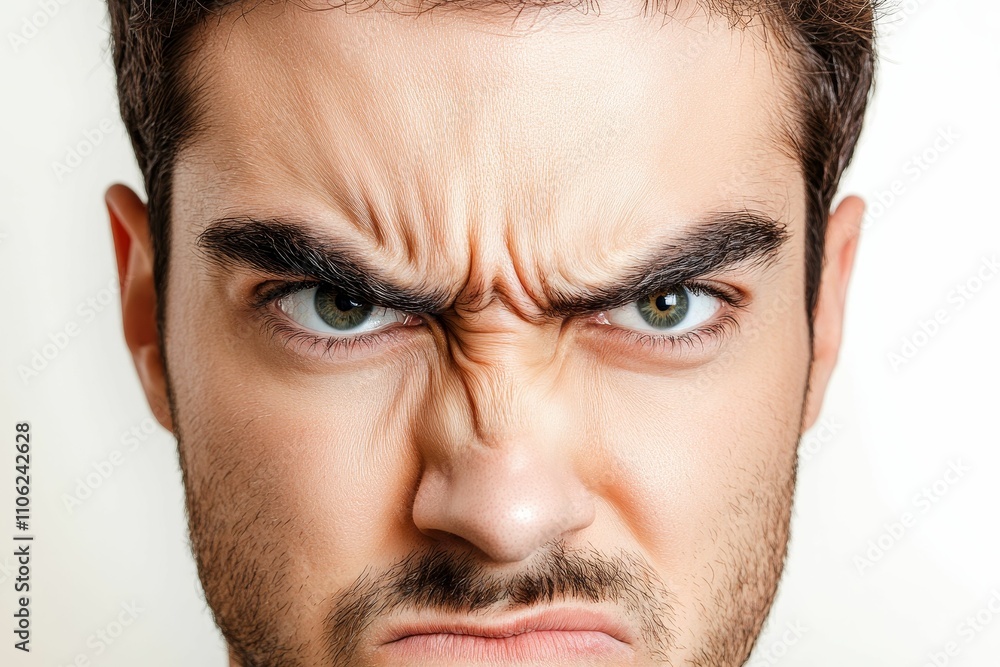 Fototapeta premium Angry man's close-up face, furrowed brows.
