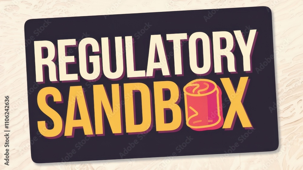Fototapeta premium Vector graphic design featuring 'Regulatory Sandbox' text with playful colors for financial and tech industry presentations.