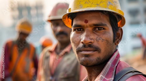 A close-up portrait Of a construction worker with a blurred background featuring Other workers in hard hats and Orange vests.