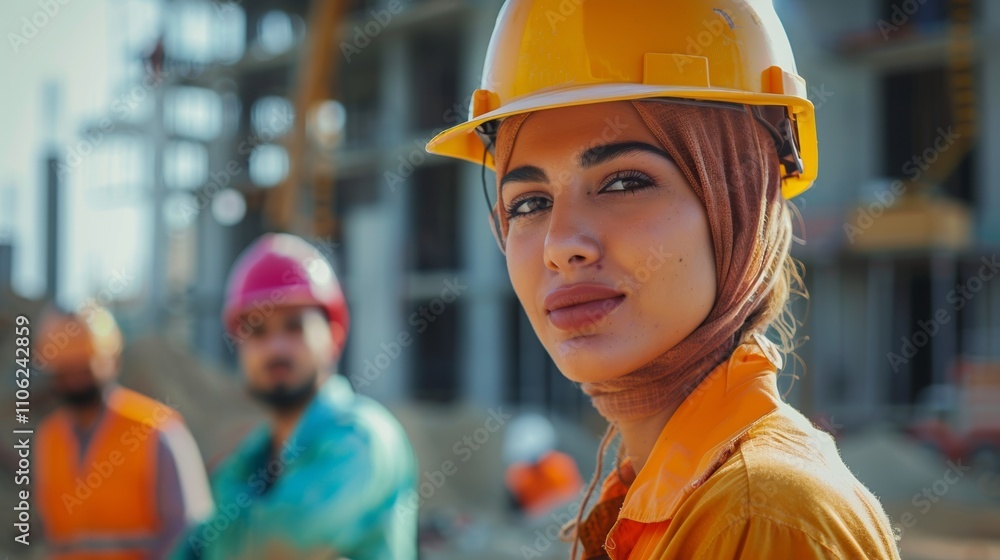 A woman in a hijab and hard hat stands in front of a construction site with two other workers in the background. A woman in a hijab and hard hat stands in front of a construction site with two other workers in the background.