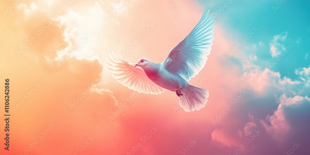 A white dove soaring through a pink and orange sunset sky, symbolizing freedom and spiritual inspiration A white dove soaring through a pink and orange sunset sky, symbolizing freedom and spiritual inspiration