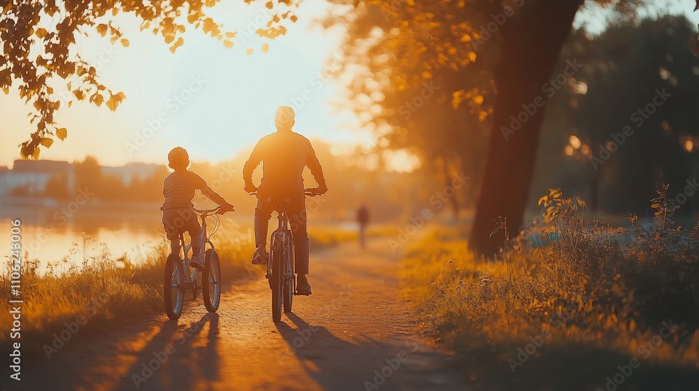 Father and son cycling together at sunset. Father and son cycling together at sunset.