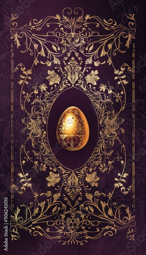 Wallpaper Mural Luxurious Easter Card Design with Ornate Golden Egg and Floral Details on Deep Purple Background Torontodigital.ca