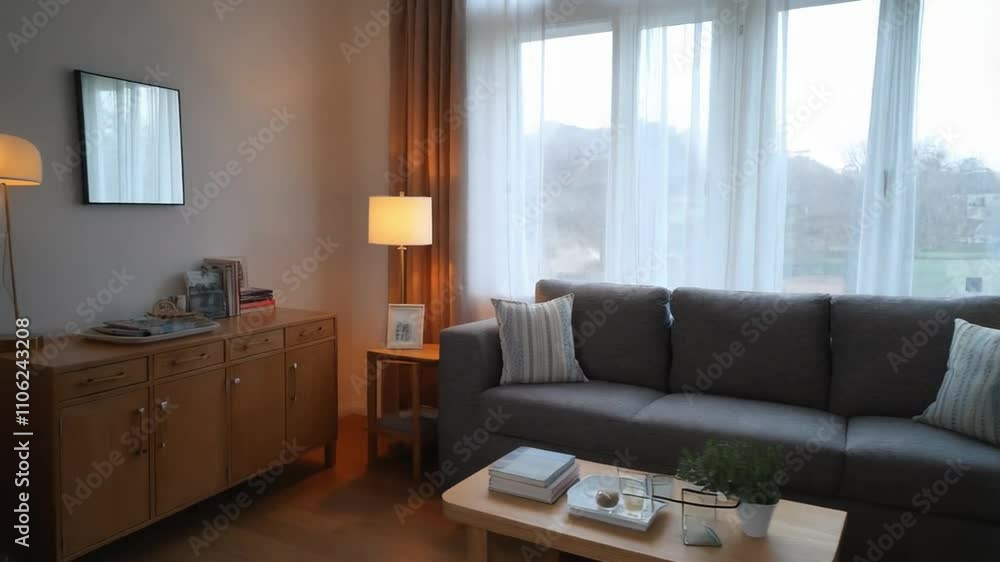 Inviting living room with a cozy sofa, bathed in soft natural light. Inviting living room with a cozy sofa, bathed in soft natural light.