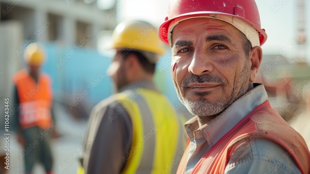 A construction worker in a hard hat and safety vest with a blurred background Of Other workers On a construction site. A construction worker in a hard hat and safety vest with a blurred background Of Other workers On a construction site.