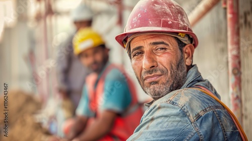 A construction worker in a red hard hat and denim jacket looks back at the camera set against a blurred background Of a construction site with other workers.