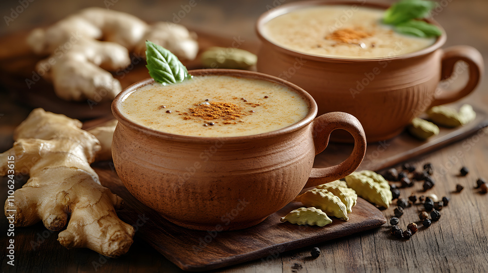 A Mesmerizing Representation of Traditional Indian Ginger Tea with Spices and Rustic Ambience A Mesmerizing Representation of Traditional Indian Ginger Tea with Spices and Rustic Ambience