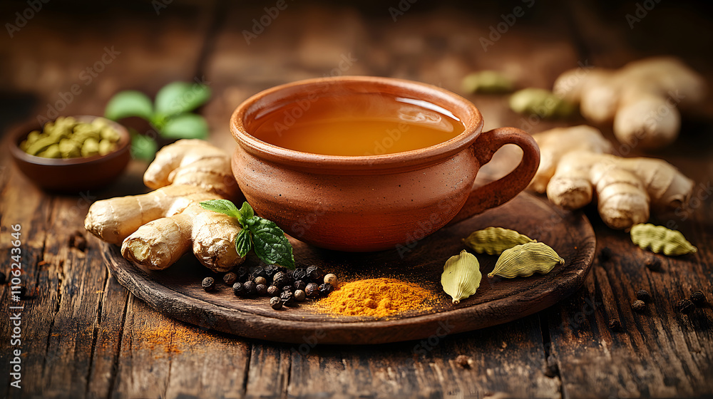 A Mesmerizing Representation of Traditional Indian Ginger Tea with Spices and Rustic Ambience A Mesmerizing Representation of Traditional Indian Ginger Tea with Spices and Rustic Ambience