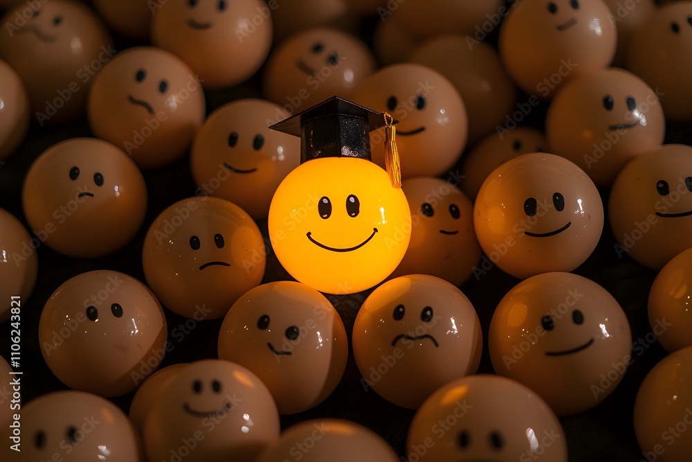 Many Balls with Sad Faces Surrounding a Happy Face Wearing a Graduation Hat, Representing a Mix of Emotions During a Celebratory Moment Many Balls with Sad Faces Surrounding a Happy Face Wearing a Graduation Hat, Representing a Mix of Emotions During a Celebratory Moment