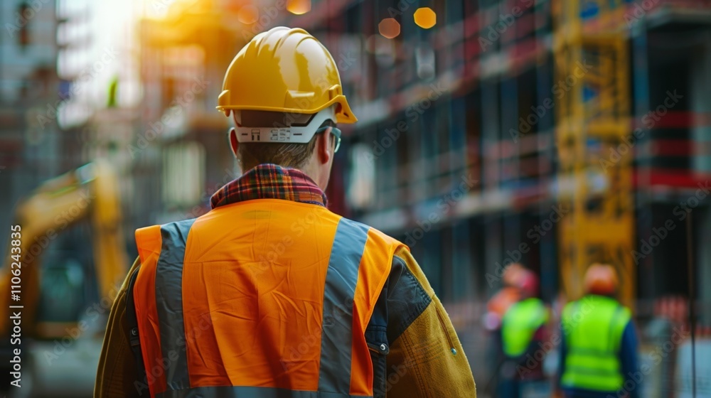 A man in a yellow hard hat and orange safety vest is seen from behind standing On a construction site. A man in a yellow hard hat and orange safety vest is seen from behind standing On a construction site.