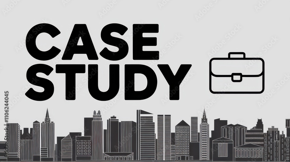 Fototapeta premium Modern Case Study Graphic: Black Text on Grey Background with City Skyline Illustration for Business Presentations