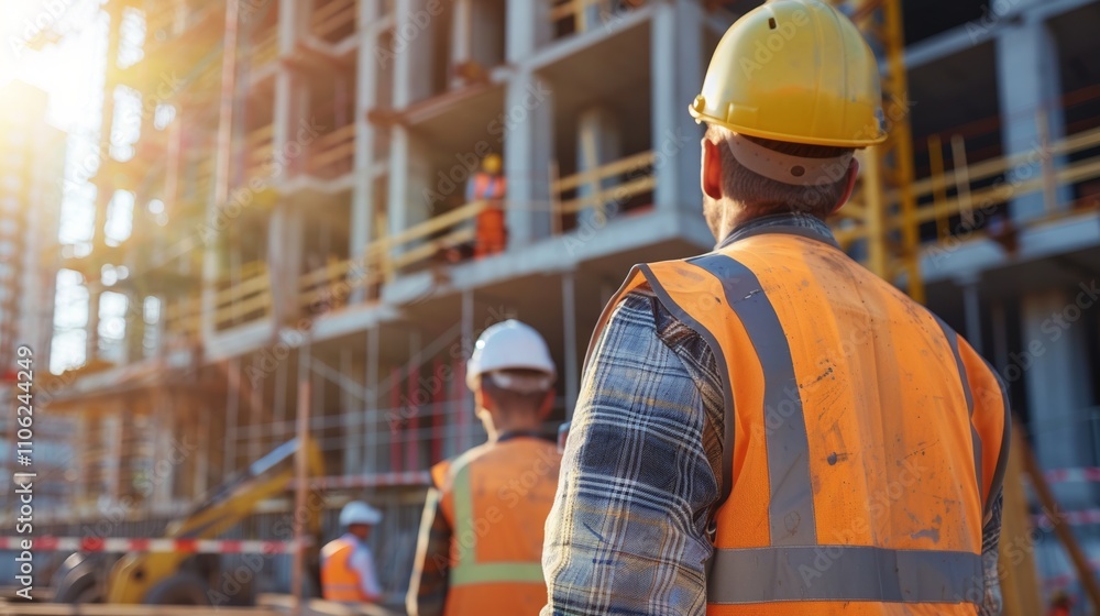 A construction worker is standing On a building site wearing a yellow hard hat and orange safety vest with Other workers in the background and a crane visible. A construction worker is standing On a building site wearing a yellow hard hat and orange safety vest with Other workers in the background and a crane visible.