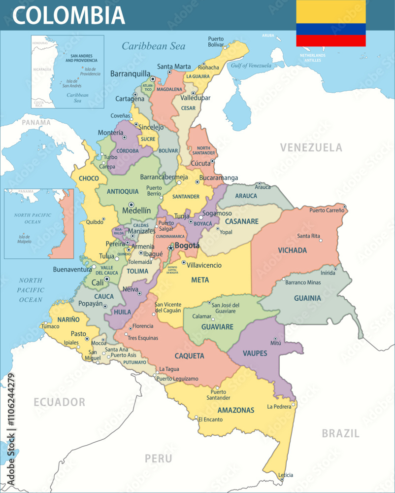 Fototapeta premium Colombia Map Vector New 2024 Colorful - Customizable layered political map of Colombia with administrative divisions for website, education, reports, news, politics, print, poster and wallpaper