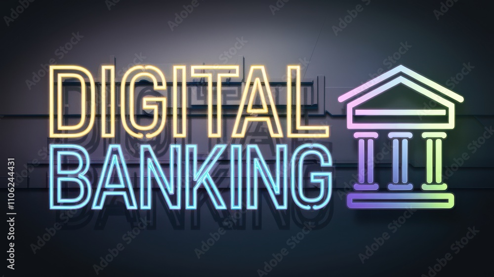 Fototapeta premium Neon Style Digital Banking Sign with Abstract Banking Elements, Useful for Financial Concepts and Promotions