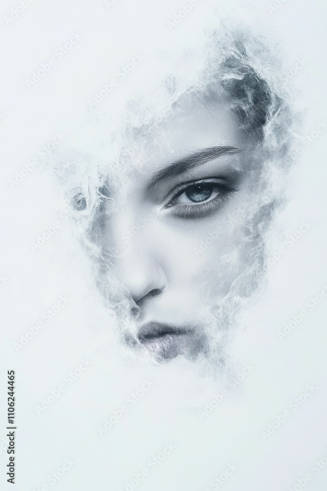 Woman's face emerges from ethereal, textured cloud. Woman's face emerges from ethereal, textured cloud.