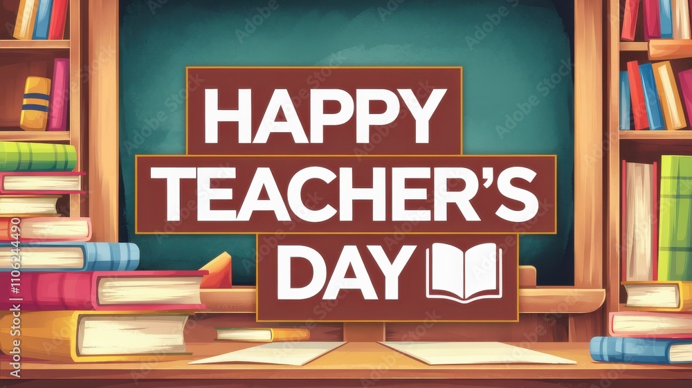 Colorful Classroom Illustration: Happy Teacher's Day with Books and Chalkboard for Educational Celebrations Colorful Classroom Illustration: Happy Teacher's Day with Books and Chalkboard for Educational Celebrations