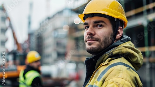 A construction worker in a yellow hard hat and jacket stands On a construction site with a blurred background and another worker in the distance.