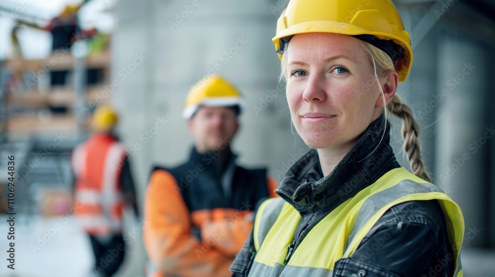 The image depicts a woman in a hard hat and safety vest with Other workers in the background. The image depicts a woman in a hard hat and safety vest with Other workers in the background.