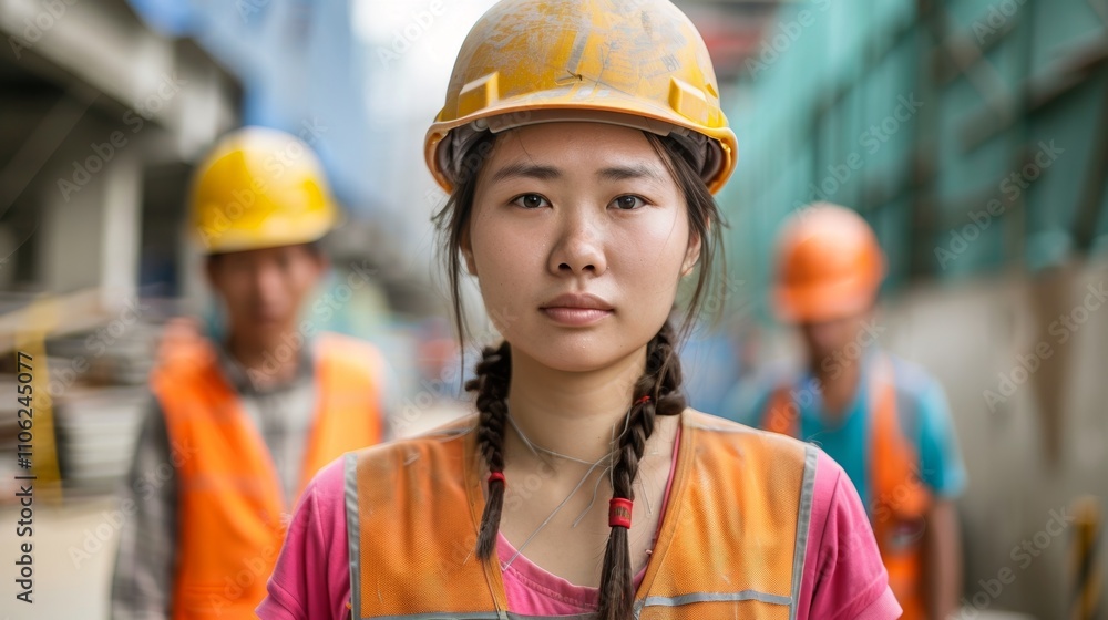 A close-up Of a young Asian woman in a hard hat with a blurred construction site background and Other workers in the distance. A close-up Of a young Asian woman in a hard hat with a blurred construction site background and Other workers in the distance.