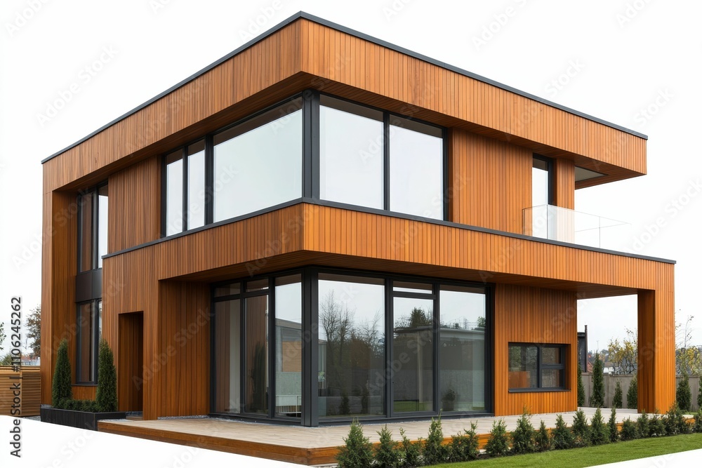 Modern wood-clad house, large windows, landscaped yard. Modern wood-clad house, large windows, landscaped yard.