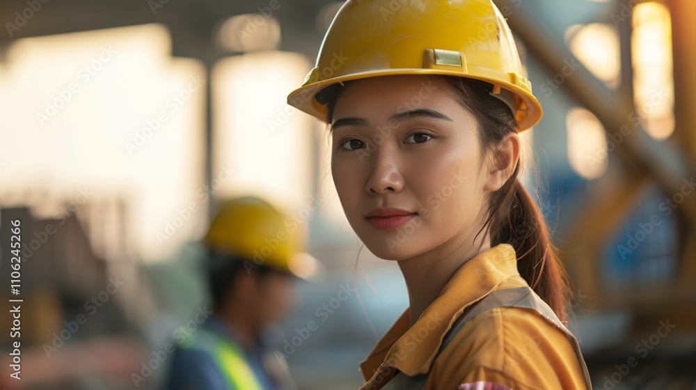 A young woman in a hard hat likely a construction worker with a blurred background. A young woman in a hard hat likely a construction worker with a blurred background.