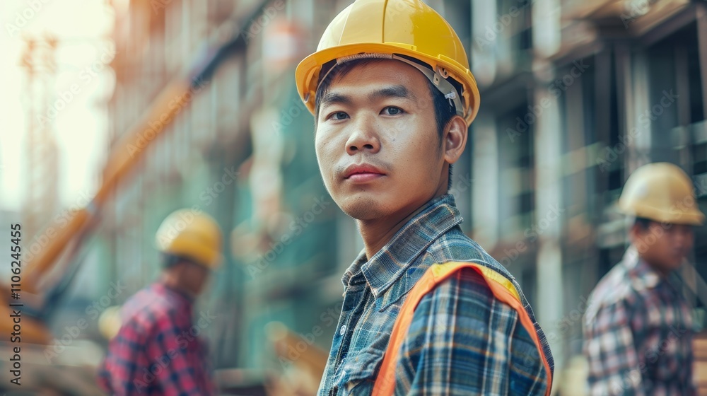 Young Asian man in a yellow hard hat plaid shirt and orange safety vest posing confidently in a construction setting. Young Asian man in a yellow hard hat plaid shirt and orange safety vest posing confidently in a construction setting.