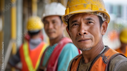 A close-up photograph Of a construction worker in a yellow hard hat and orange safety vest with Other workers in the background.