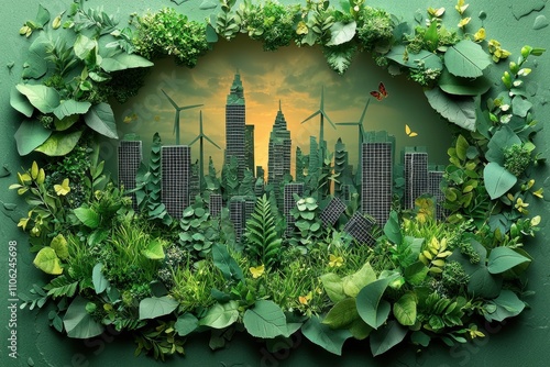 Modern Eco-Friendly City Skyline with Wind Turbines and Greenery