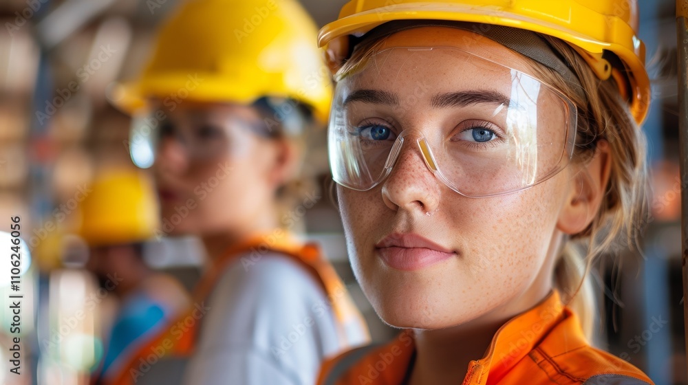 A woman in a hard hat and safety glasses with a blurred background. A woman in a hard hat and safety glasses with a blurred background.
