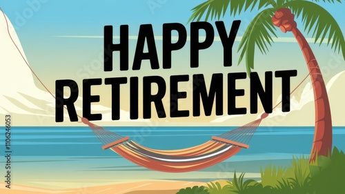 Wallpaper Mural Illustrative Beach Scene with Hammock and Palm Trees: Perfect for Retirement Celebrations and Greeting Cards Torontodigital.ca