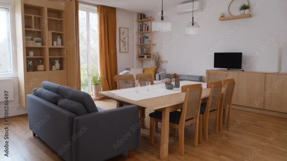 Functional living room with a dining table and comfortable sofa Functional living room with a dining table and comfortable sofa