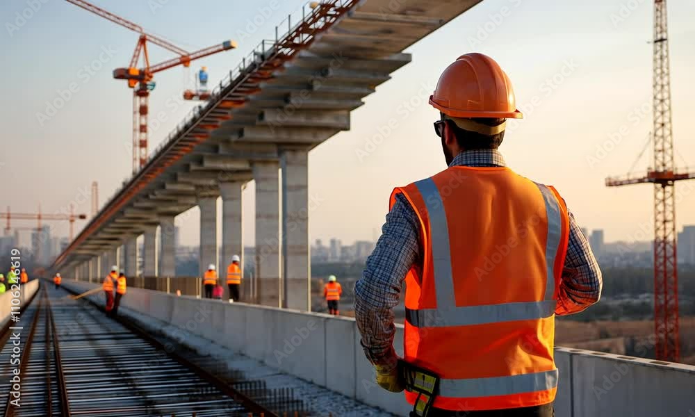 Construction worker overseeing railway bridge development during sunset.