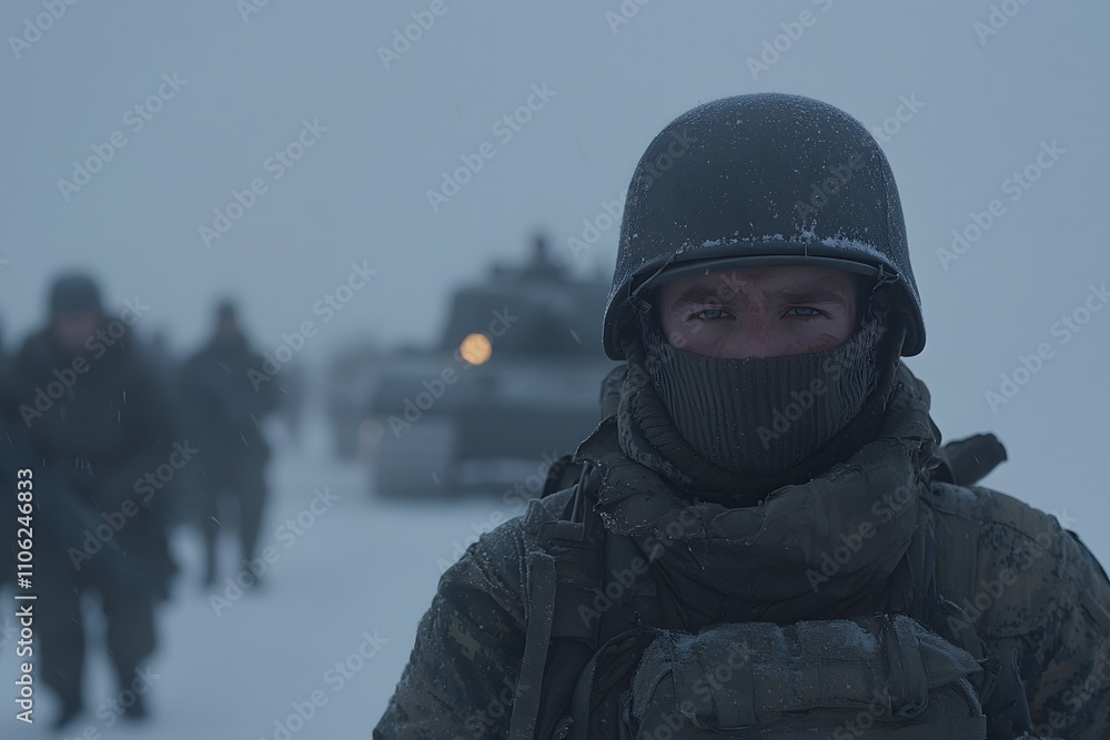 WWII European Front Snow-Covered Battlefield with Tanks, Depicting a Harsh Winter Combat Scene of Historical Warfare and Strategy WWII European Front Snow-Covered Battlefield with Tanks, Depicting a Harsh Winter Combat Scene of Historical Warfare and Strategy