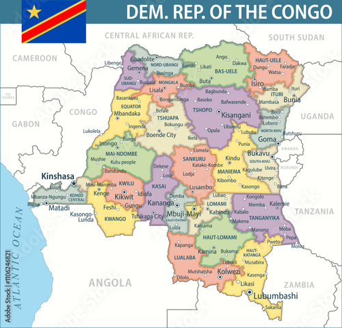 Democratic Republic of the Congo Map Vector New 2024 Colorful - Customizable layered political map of Democratic Republic of the Congo for website, education, reports, news