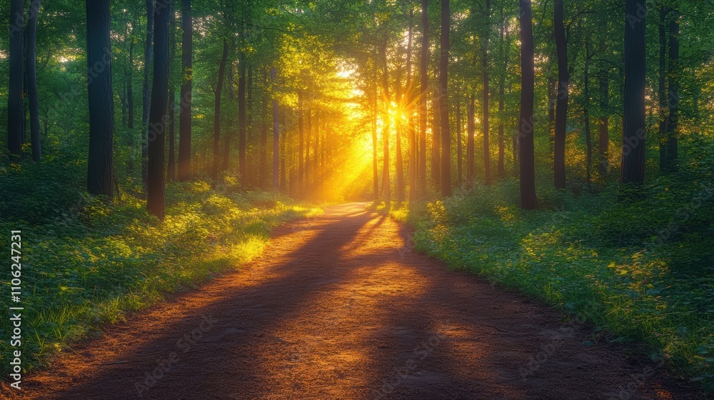 Serene Pathway Through Sunlit Forest with Dappled Light