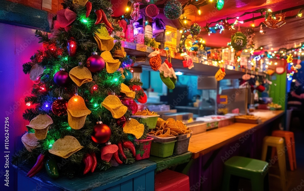 Taco Stand Tree A colorful Christmas tree with taco ornaments, chili pepper lights, and guacamole-themed decorations, set in a vibrant taco stand Taco Stand Tree A colorful Christmas tree with taco ornaments, chili pepper lights, and guacamole-themed decorations, set in a vibrant taco stand