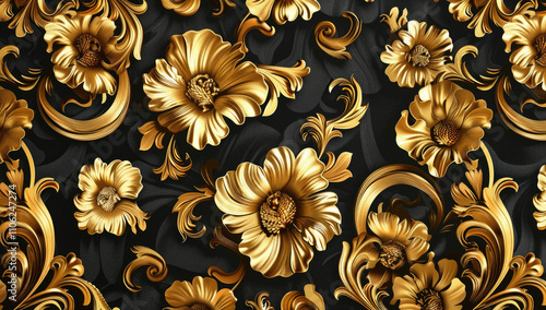 Luxurious golden floral pattern on elegant black fabric background photo