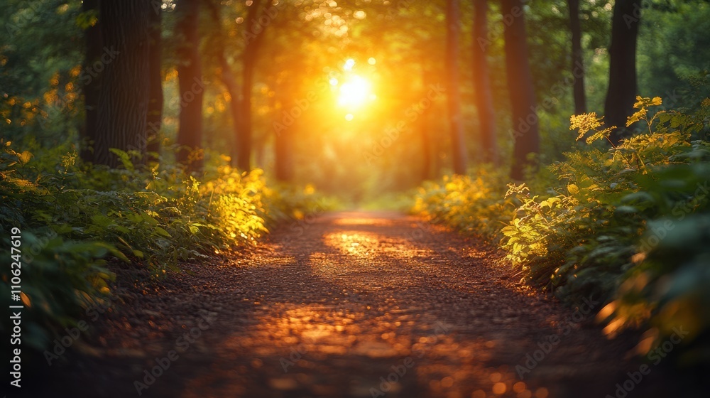 Tranquil Pathway Through a Sunlit Forest with Dappled Light Tranquil Pathway Through a Sunlit Forest with Dappled Light