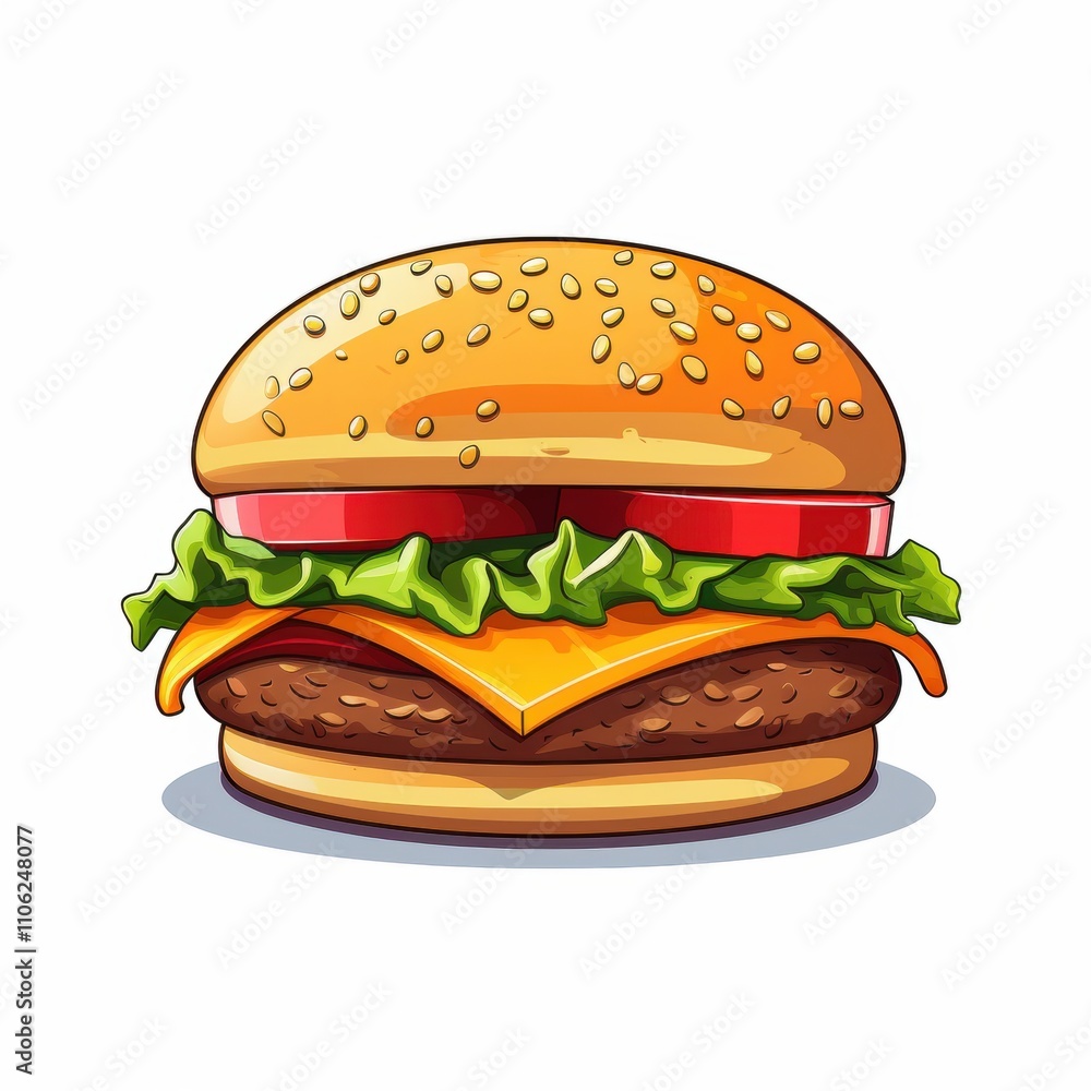 Colorful cartoon-style illustration of a cheeseburger with lettuce, tomato, and beef patty, showcasing vibrant colors on a white background. Colorful cartoon-style illustration of a cheeseburger with lettuce, tomato, and beef patty, showcasing vibrant colors on a white background.