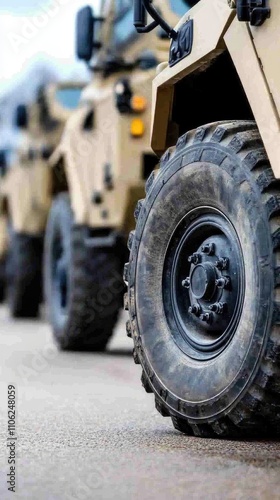 Close-up perspective of armored vehicles showcasing military power during an urban parade event