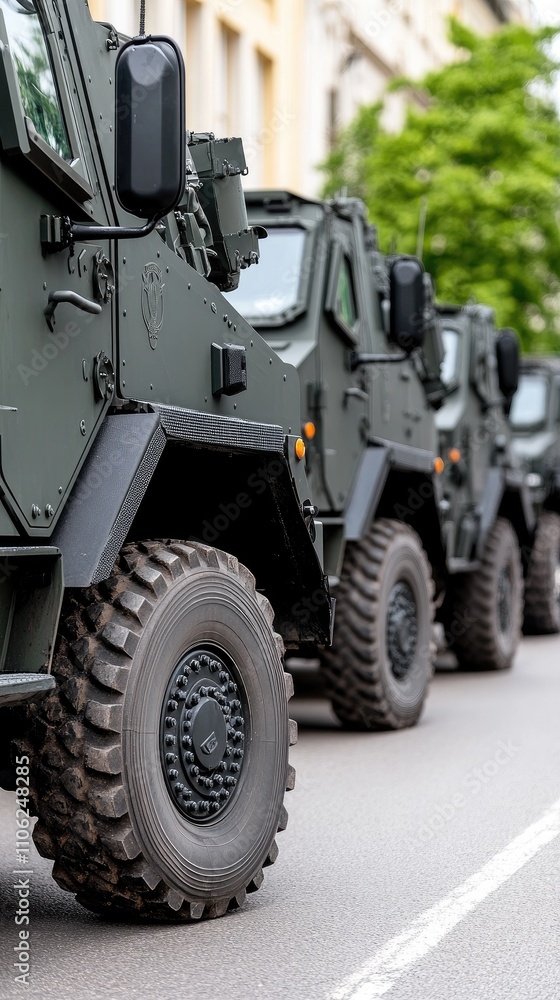 Military parade displays armored vehicles with detailed equipment set against an urban backdrop Military parade displays armored vehicles with detailed equipment set against an urban backdrop