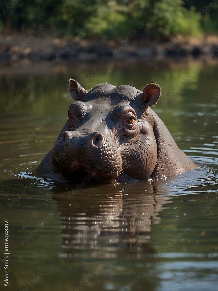 Hippo in a calm river, showcasing its peaceful nature. Hippo in a calm river, showcasing its peaceful nature.