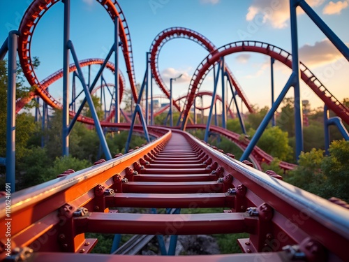 Fototapeta Naklejka Na Ścianę i Meble -  Thrilling, long and high red roller coaster track in a theme park