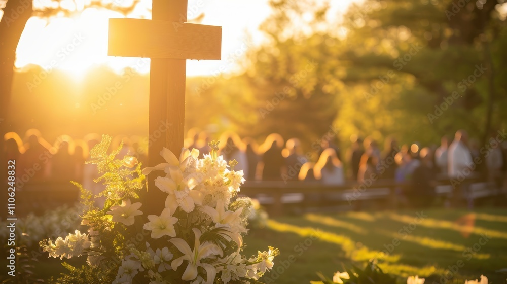 Easter Sunrise Service in Park with Families and Flower-Adorned Wooden Cross Easter Sunrise Service in Park with Families and Flower-Adorned Wooden Cross