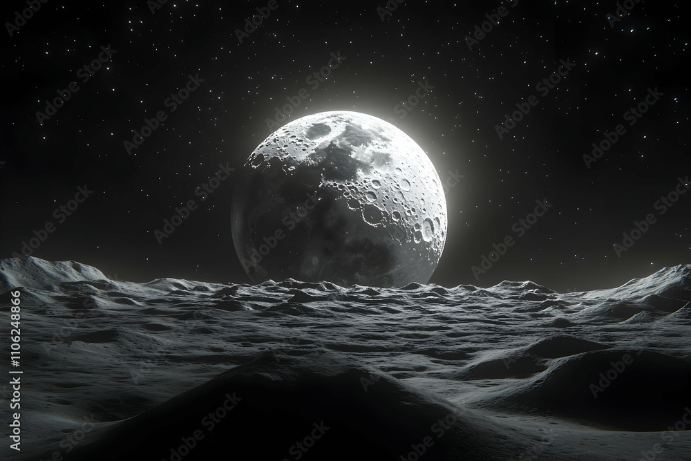 Amazing scenery of white glowing moon with craters in black sky with clouds at night.illustration Amazing scenery of white glowing moon with craters in black sky with clouds at night.illustration