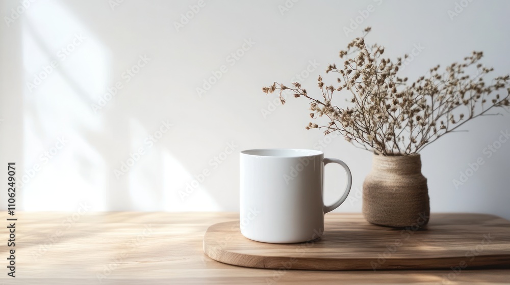 White mug and dried flowers on wooden tray.