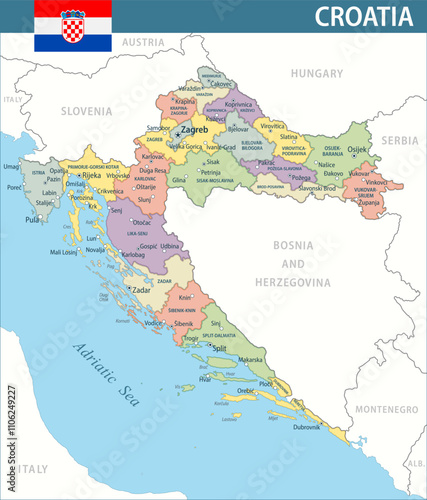 Croatia Map Vector New 2024 Colorful - Customizable layered political map of Croatia with administrative divisions for website, education, reports, news, politics, print, poster and wallpaper