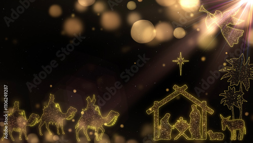 Bright Christmas scene with light particles and nativity characters, manger, three wise men and trees