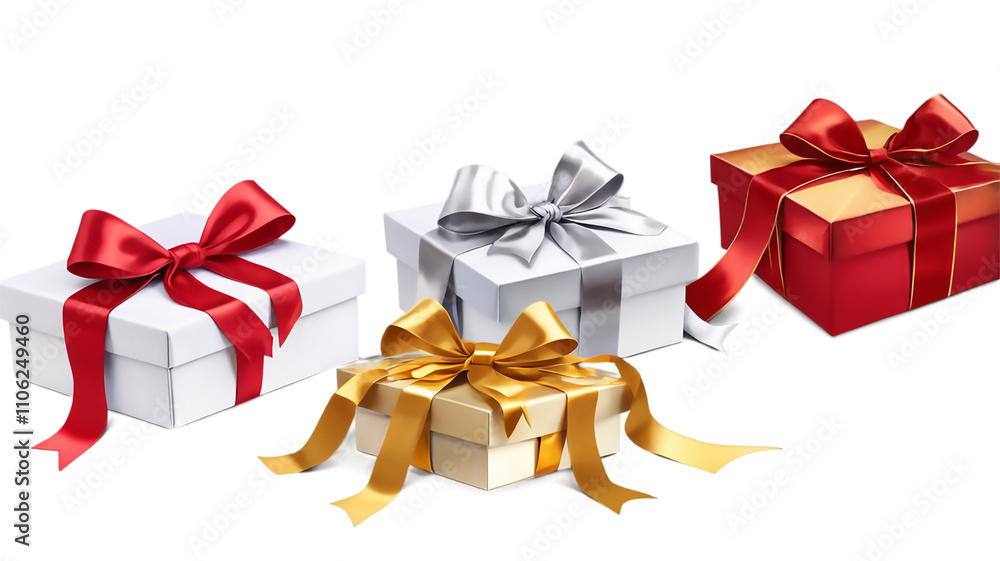 Collection of beautifully wrapped gift boxes with gold, red, silver ribbons, isolated on transparent background. Collection of beautifully wrapped gift boxes with gold, red, silver ribbons, isolated on transparent background.