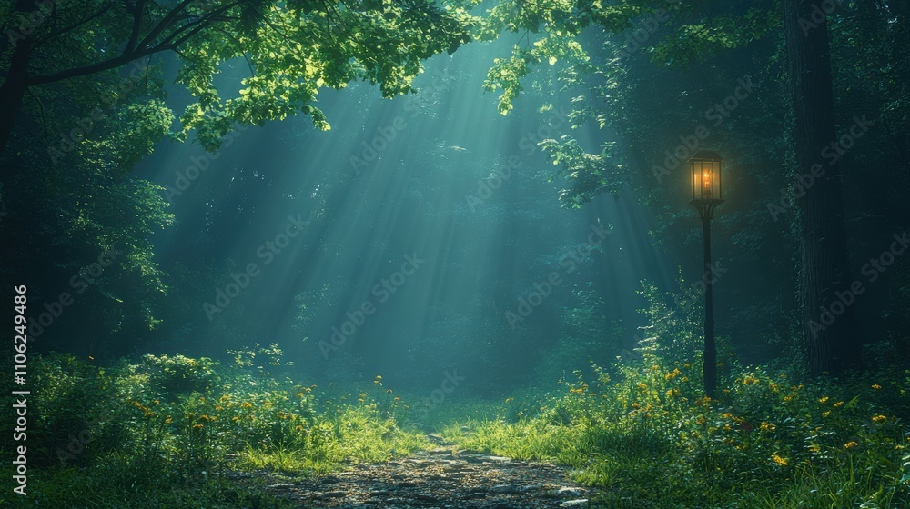 Obraz premium Tranquil Forest Clearing Bathed in Sunlight with Soft Shadows